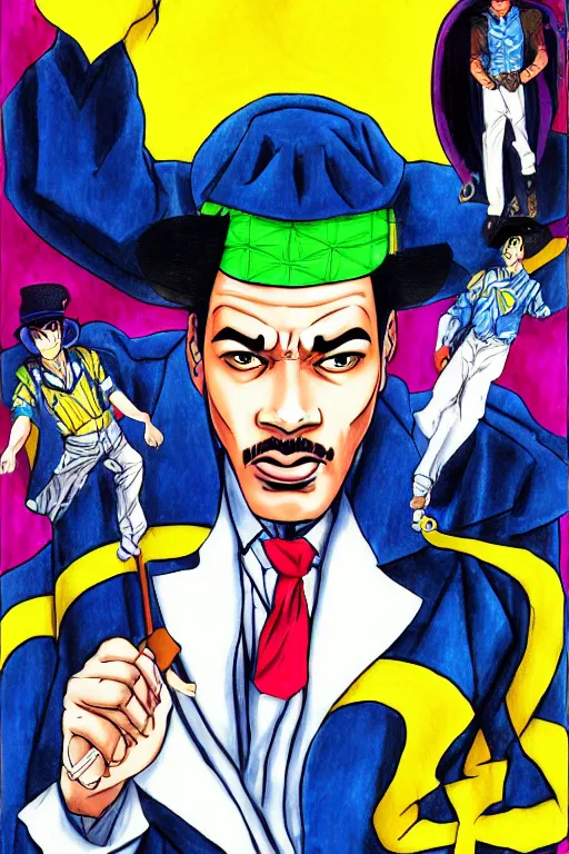 Image similar to Martin Luther King as Jotaro Kujo JoJo from JoJo\'s Bizarre Adventure, anime drawing by Hirohiko Araki, vivid colors, colorful fashion