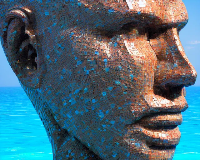 Image similar to a long shot of a giant award winning sculpture of a human head made out of pool toys, on the surface of the ocean, in the style of chad knight, hyper detailed, hyper realistic, ray tracing, 8 k resolution, sharp focus, realistic water