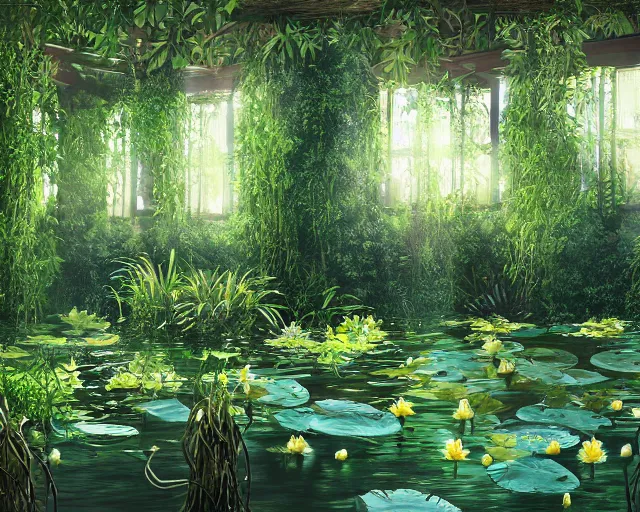 Prompt: A flooded ballroom overgrown with aquatic plants, flowers, lily pads, vines, majestic, dramatic lighting, digital art, trending on Artstation