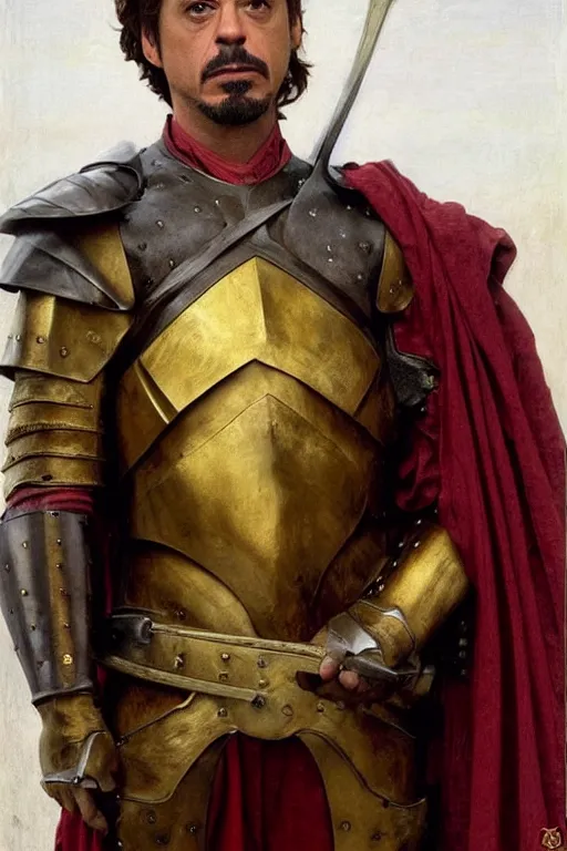 Image similar to robert downey jr wearing red and golden medieval armour, game of thrones, bouguereau