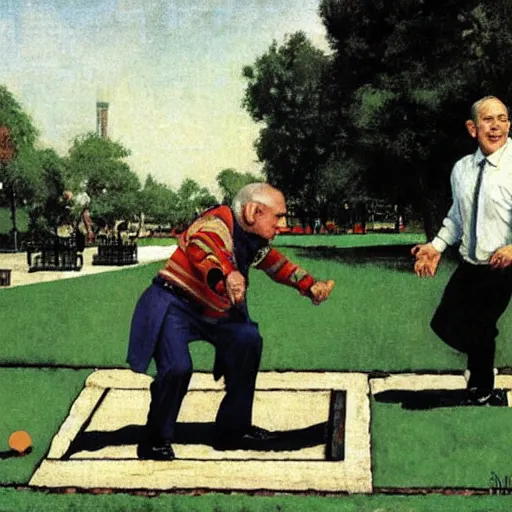 Prompt: benjamin netanyahu playing hopscotch in a public park, by norman rockwell