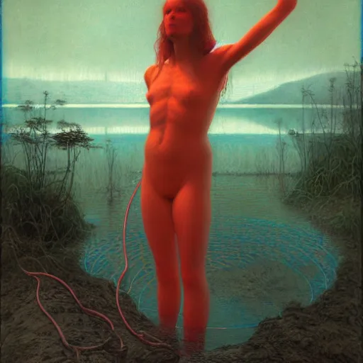 Image similar to portrait, standing in a lake, woman wrapped around by tubes and cables, glowing red, by edgar maxence and ross tran, zdzisław beksinski, and michael whelan, distant, gustav dore, h. r. giger, 8 k, octane render