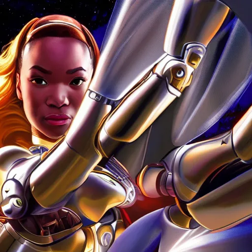 Prompt: high detailed close up of, energetic female cyborg Disney princess Tiana, wearing futuristic cybernetic battle armor, balance composition, dramatic lighting, 8k, painted by Alex Ross