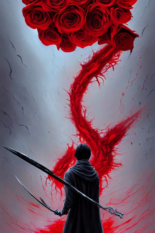 Prompt: poster style, a beautiful and terrifying painting with high details of a panoramic view of a reaper holding a long sickle, with red fluid white roses in the foreground, movie atmosphere, movie lights, 8 k, light effect, rtx on, trending on artstation, by kilian eng, lee madgwick, bastien lecouffe - deharme