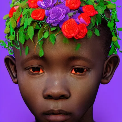 Image similar to colourful vfx art - portrait of crying nigerian boy wrapped in flowers & vines, art by hsiao - ron cheng & james jean, volumetric light, ray tracing, sharp, detailed, digital painting, illustration, highly detailed, intricate detail, unreal engine, octane render, pinterest, behance, art station,