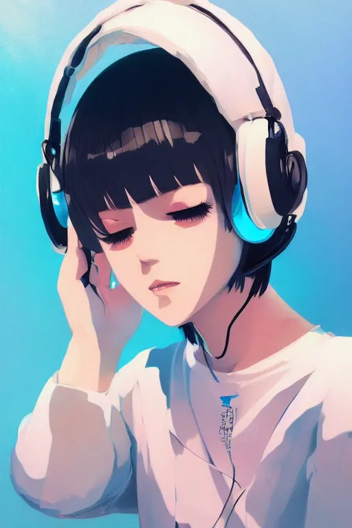 Prompt: a cute young woman listening to music with her eyes closed and wearing headphones, white bob cut hair, cyberpunk setting, e-girl, tattoos, blue and white, vivid colors, soft lighting, atmospheric, cinematic, moody, in the style of Ilya Kuvshinov and Range Murata, Krenz Cushart, oil on canvas, 8k