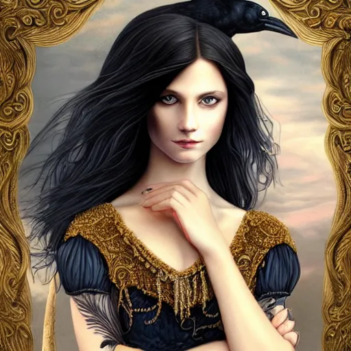 Image similar to full body portrait of a girl with blue eyes, gentle face, smiling softly, long dark hair, intricate detailed goth dress, next to a beautiful raven, highly detailed, deep focus, elegant, digital painting, smooth, sharp focus, golden ratio, illustration, ultra realistic, 8 k, art by artgerm and caravaggio