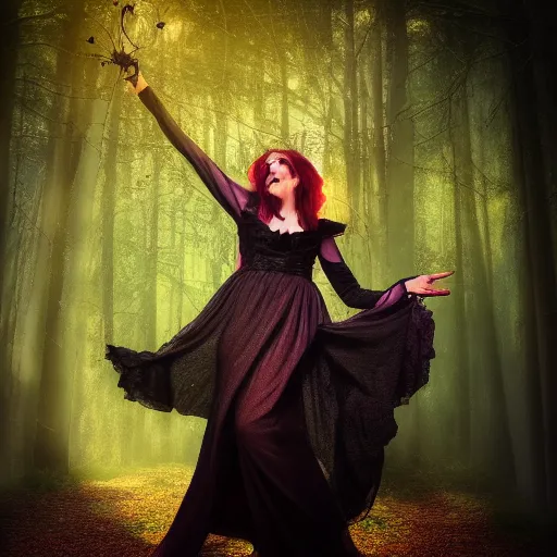 Image similar to gorgeous witch surprised and excited because she can cast a spell, magic, comedy , fantasy, D&D, HDR, natural light, award winning photograph, 8k, Mucha style,