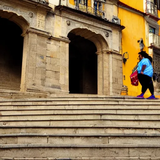 Prompt: a fat Indian woman holding a rollator on steps in Porto, greg rutkowski