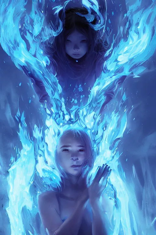 Prompt: a fancy portrait of a young Demon girl engulfed in blue flames by Greg Rutkowski, Sung Choi, Mitchell Mohrhauser, Maciej Kuciara, Johnson Ting, Maxim Verehin, Peter Konig, final fantasy , 8k photorealistic, cinematic lighting, HD, high details, atmospheric , trending on artstation