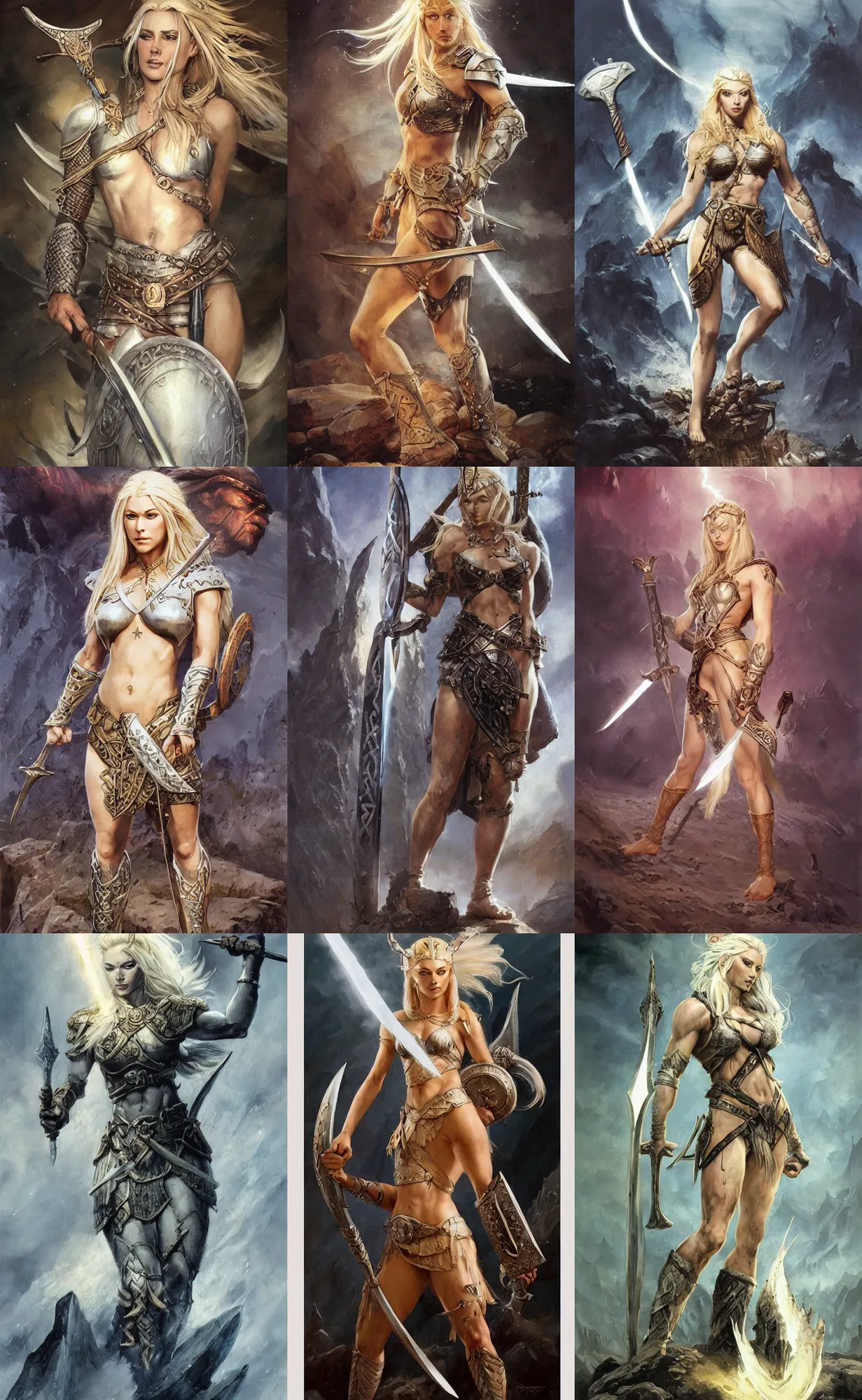Prompt: A mixed media painting of the beautiful blonde viking goddess of war with a sword of lightning, very aesthetic, detailed face, by Frank Frazetta, Greg Rutkowski, Boris Vallejo, Beeple, Christian MacNevin, epic fantasy character art, goddess of anger, viking runes, elven, high fantasy, CGsociety, full length, exquisite detail, post-processing, low angle, masterpiece, cinematic, odin's stone arena background