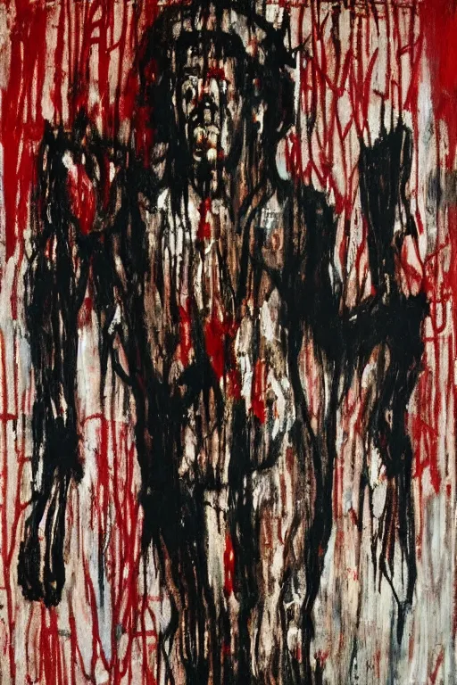 Image similar to bloody jesus christ crucified painted by cy twombly and jean michel basquiat