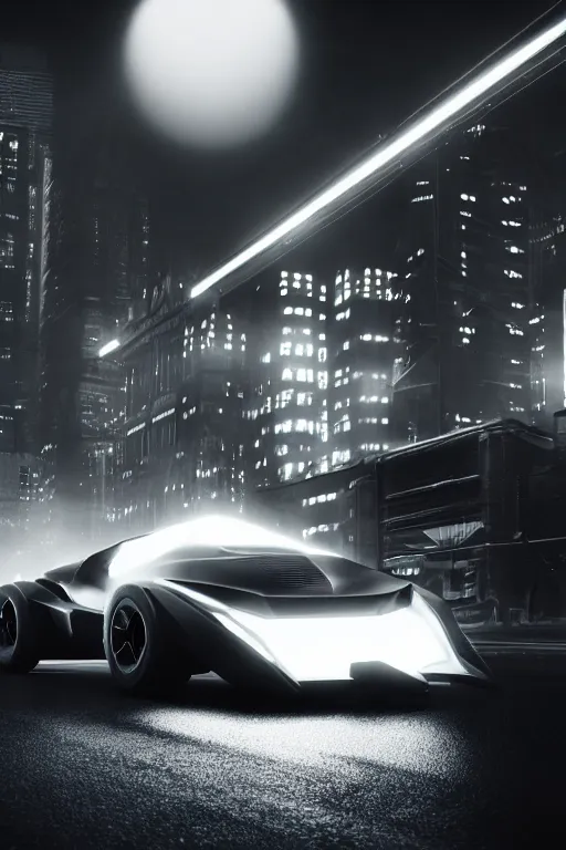 Image similar to the batmobile driving through gotham city at night. fluorescent light. pov from behind the wheel. octane render. 8 k. monochrome. black and white. mist. atmospheric. cinematic. hdr, raytracing, global illumination. a matte painting by ash thorp.