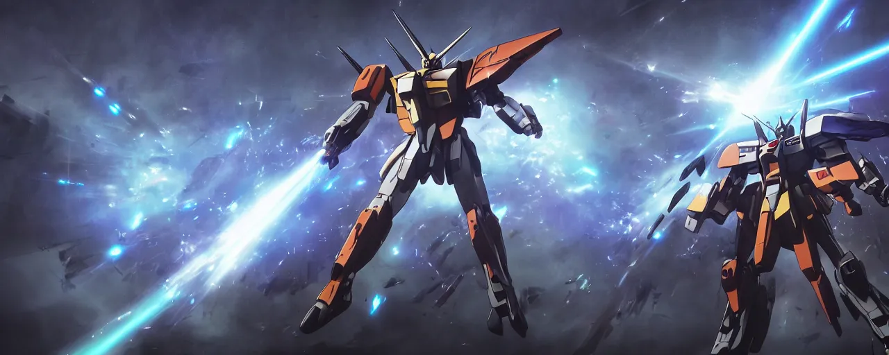 Image similar to concept art, mobile suit gundam in battle, high energy particle beam weapon, dynamic floating gun, multiple missile trajectory, plasma laser sword, giant shield, gunpowder smoke and mecha debris, full of pressure, science fiction, backlight, volumetric light, lightrays, cinematic, atmospheric, octane render, unreal engine, cinematic lighting, intricate details, 8 k.