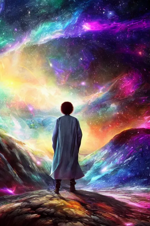 Prompt: galaxy bender experiencing the quantum field, elevated consciousness, beautiful astrological neural network, bob ross matte painting and tim burton comic book art, twist of time, realistic, trending on artstation, sharp focus, depth of field, cinematic composition, physics splashes of colors, science fiction, highly detailed