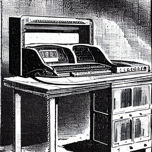 Prompt: a computer in the year 1 8 7 0, highly detailed, high quality, high resolution