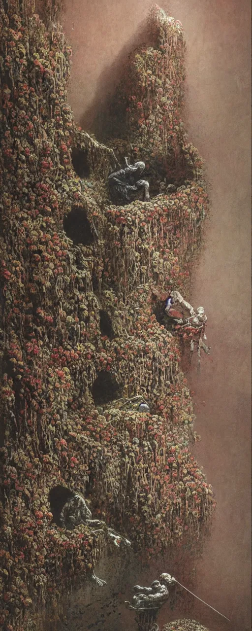 Prompt: a golemn tending to a intricate dried flower in a dark cave, zdzislaw beksinski, arthur rachham, interior, 8 k, artstation