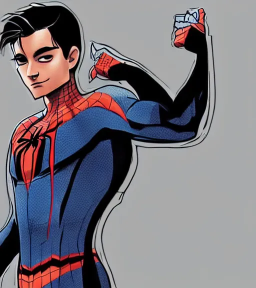 Image similar to very handsome peter parker with his spider suit removed to his waist, looking seductive, digital art, realistic