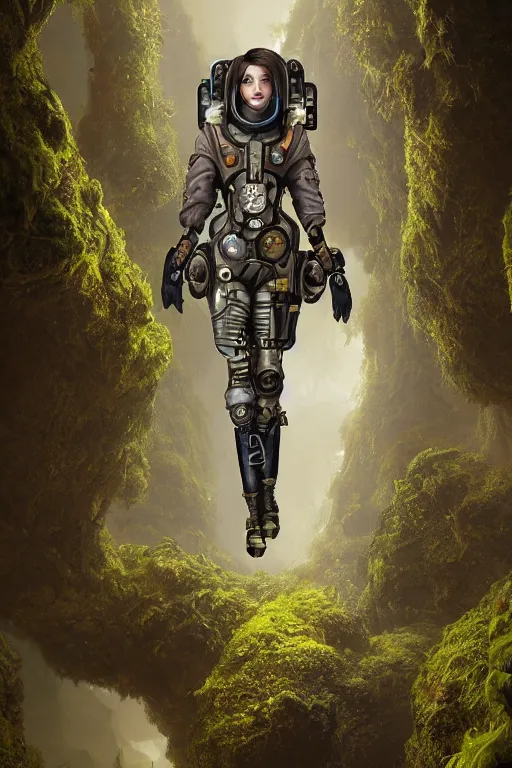 Prompt: a half body portrait of a futuristic steampunk female astronaut full body, symetrical young face steampunk astronaut walking inside a very lush mossy cave by Bastien Lecouffe-Deharme and marc simonetti natural volumetric lighting, realistic 4k octane beautifully detailed render, 4k post-processing