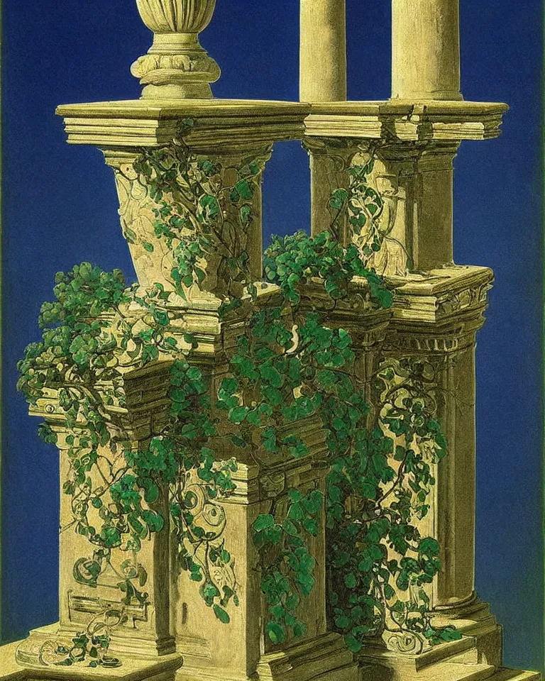 Prompt: achingly beautiful painting of intricate ancient roman corinthian capital on emerald background by rene magritte, monet, and turner. giovanni battista piranesi.