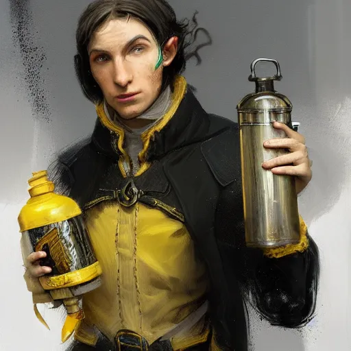 Prompt: portrait of a male elf alchemist with black hair wearing a yellow coat holding a flask, fantasy, highly detailed, digital painting, artstation, concept art, character art, art by greg rutkowski and tyler jacobson and alphonse mucha