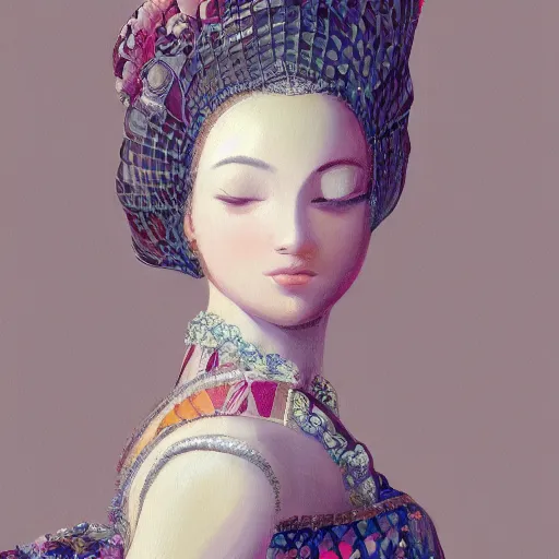 Prompt: “a painting of a beautiful female figure adorned with a dress created by calligraphic flourishes, ambient occlusion, ultra detailed, soft facial features, geometric array of shapes fading into the background, shallow depth of field, bokeh, gradient subtle shadows, monochromatic color scheme, pops of color, pastel tones, hd”