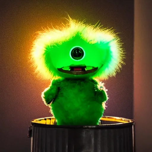 Prompt: photo of a furby emerging from a toxic waste barrel, glowing green