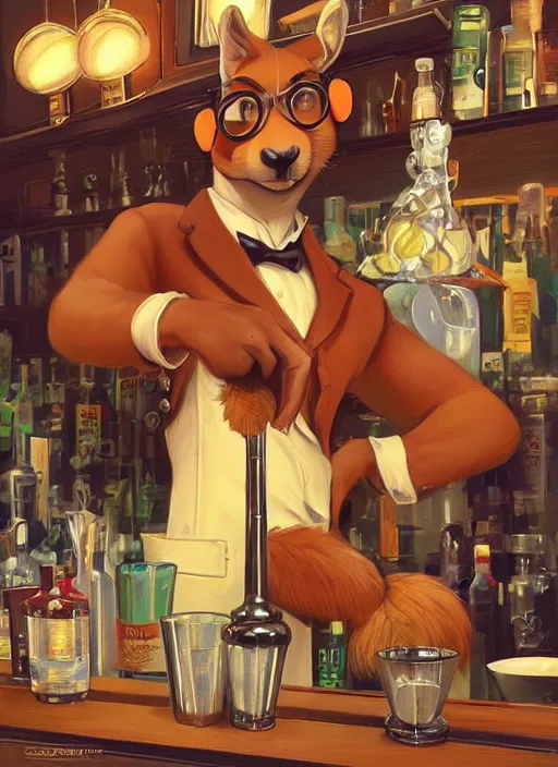 Image similar to squirrel anthro as a dapper bartender with a big, fluffy tail, retro futurism, art deco, detailed, painterly digital art by WLOP and Cory Loftis and Norman Rockwell, 🐿🍸🍋, furaffinity, trending on artstation