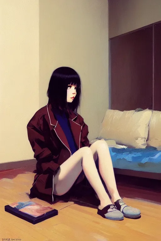 Image similar to A ultradetailed beautiful panting of a stylish girl sitting on the floor of a messy apartment, she is wearing an oversized jacket, Oil painting, by Ilya Kuvshinov, Greg Rutkowski and Makoto Shinkai