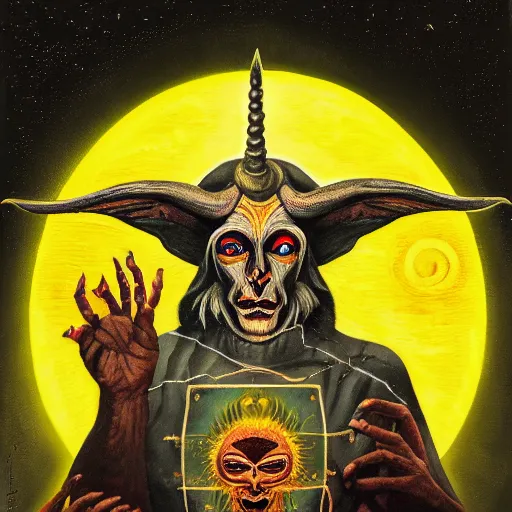 Image similar to a detailed occult painting of baphomet pointing up, cenobyte, hexglow, contracept, wildcards, denizens, matte painting, glowing eyes, felipe pantone, pascal blanche, pascal blanche, mohrbacher, blanche, and across the face portrait, big daddy ross painting, wide shot, an expansive view of the sun, intricate details, epic, dramatic, cinematic lighting, hyperrealistic, skeletal, elaborate, furniture, dreamy, machine, robot, cardboard, dark, inception, cinematic lighting, surrealism style, muted colors, soft tones, pastel colors, ornate in the dnd art style on album cover, unreal