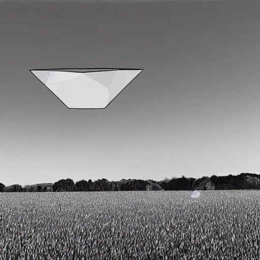 Prompt: a 1 9 9 0 photograph of a diamond shaped ufo over a field, grainy, photo realistic