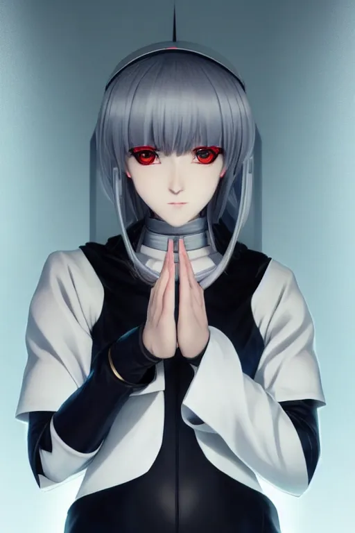 Image similar to portrait Anime cyborg girl in nun clothes, holy church Warhammer 40000, cute-fine-face, white-hair pretty face, realistic shaded Perfect face, fine details. Anime. realistic shaded lighting by Ilya Kuvshinov katsuhiro otomo ghost-in-the-shell, magali villeneuve, artgerm, rutkowski, WLOP Jeremy Lipkin and Giuseppe Dangelico Pino and Michael Garmash and Rob Rey