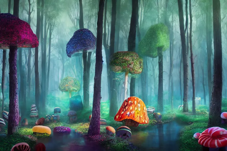 Prompt: deep colorful moody forest made of candy, lollipop trees, cotton candy bushes, big colorful rock candy boulders, gumdrop mushrooms, chocolate creek, gingerbread house. dark mood. mysterious realistic painting. photo collage, highly detailed, cinematic, hyperrealistic, artstation, dramatic lighting, god rays, clean crisp graphics, smooth sharp focus, extremely detailed