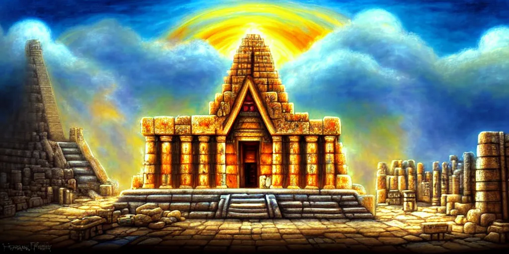 Image similar to illusion painting hidden temple in the clouds : an adorable small fox in the huge ruins of the second temple in jerusalem. a new temple hovers quietly hiding in the dreamy clouds above. a hooded bearded old man in a brown tunic laughing, colorful 8 k, art station, intricate superb details, digital art, illusion painting hidden image.