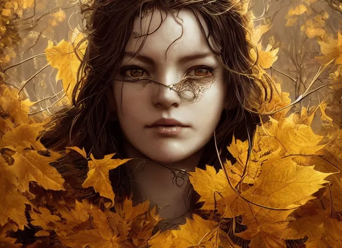 Image similar to golden leaves at frame border, creative!!! composition for a book cover!!!, absurdly beautiful, ultrafine hyperrealistic detailed old witch face by wlop and artgerm and greg rutkowski, intricate linework, sharp focus, smooth, octopath traveler, final fantasy, unreal engine, dramatic lighting, ethereal, 8 k