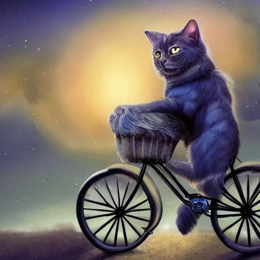 Image similar to fantasy book cover artwork of a cat riding a bicycle, ultradetailed, wallpaper, 4k, prismatic