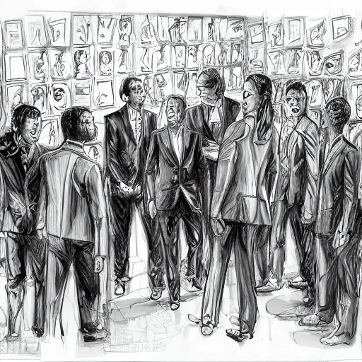 Image similar to highly detailed realistic sketch of UN members in suits yelling at a cyborg samurai, fear and anger in their eyes, colored , award winning , masterpiece on a scroll , post-processing