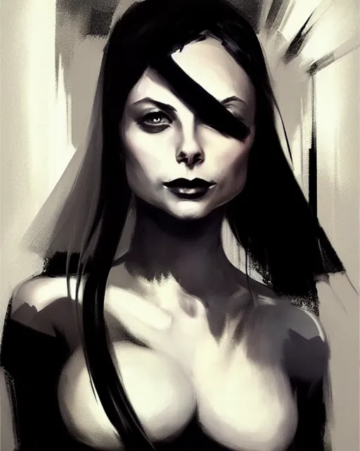 Image similar to style of craig mullins : : gorgeous willa holland : : evil witch, swirling black magic, black dress : : symmetrical face, symmetrical eyes : : full body pose : : gorgeous black hair : : magic lighting, low spacial lighting : :