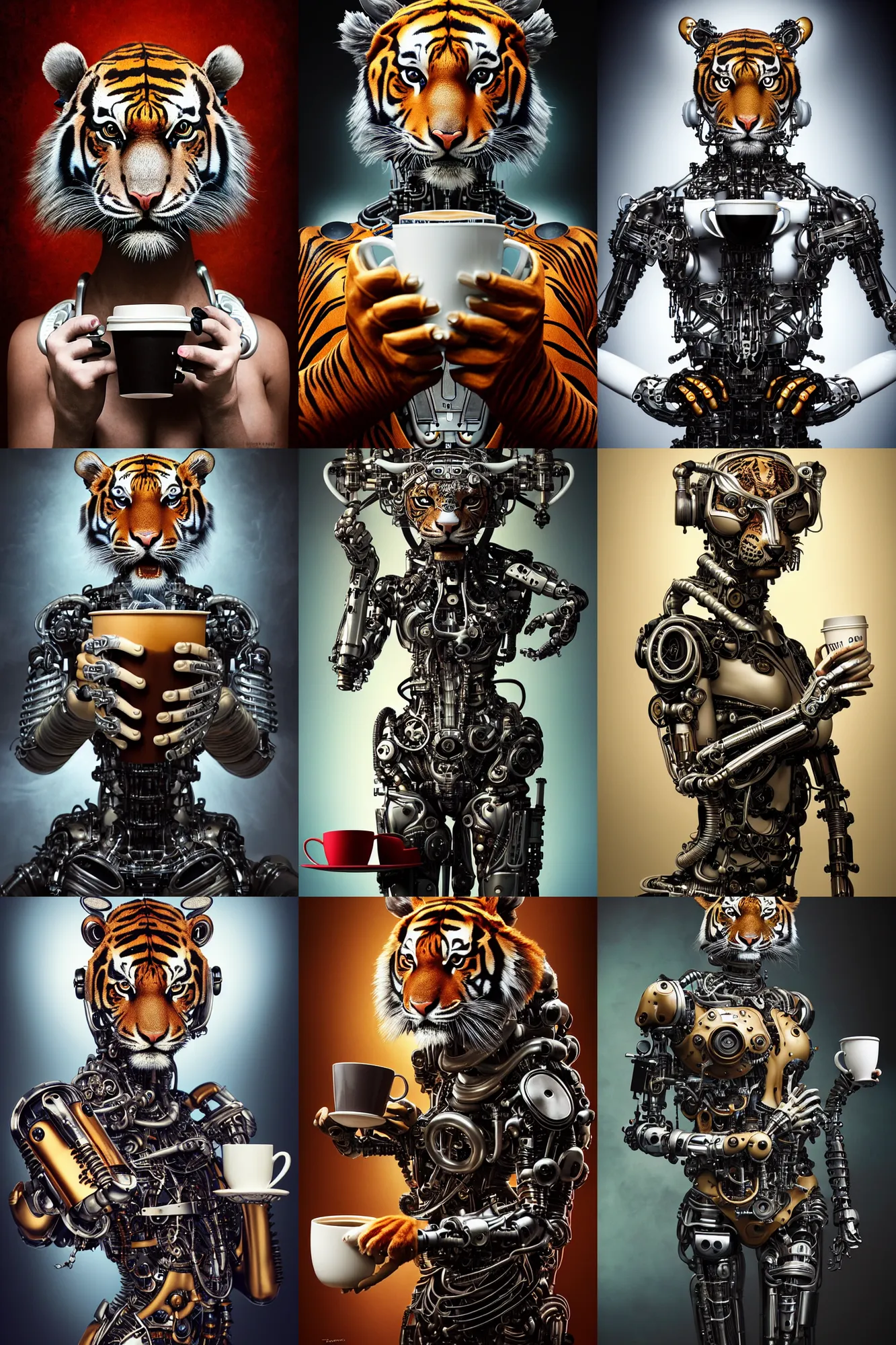 Prompt: a stunning intricate fine art portrait photo of a mechanical industrial futuristic cybernetic tiger holding a cup of coffee, by tom bagshaw and sudhir shivaram, perfection!, perfect face, milk bath photography, studio lighting, 8 5 mm lens, very detailed, bionic, cybernetic scifi, deep depth of field, artstation, 8 k, highly coherent