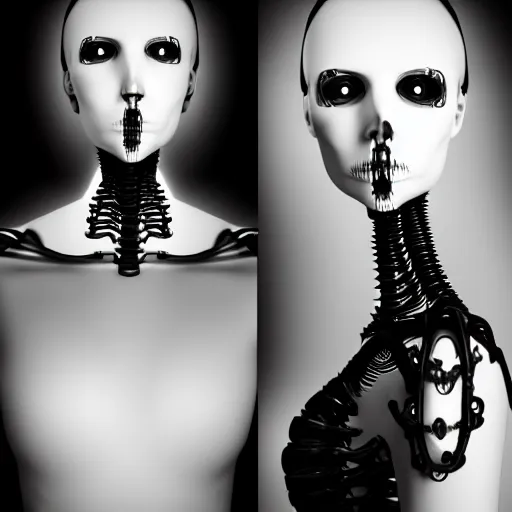 Image similar to black and white dreamy foggy portrait, skeletal biomechanical beautiful young female cyborg priestess - robot bust, body ribs meshes,, volumetric light, rim light, by dora maar and cecile beaton, big gothic fashion pearl embroidered collar, 8 k