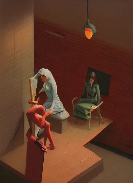 Prompt: isometric woman in a paper bag over the isometric head in isometric restaurant with a sward Edward Hopper and James Gilleard, Zdzislaw Beksinski, highly detailed