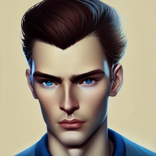 Image similar to tall man in his twenties with brown blond short quiff hair and round facial structure with cleft chin, straight eyebrows, cheekbones, lightly blue eyes, wide face, shadow of beard, atmospheric lighting, painted, intricate, 4 k, highly detailed by charlie bowater