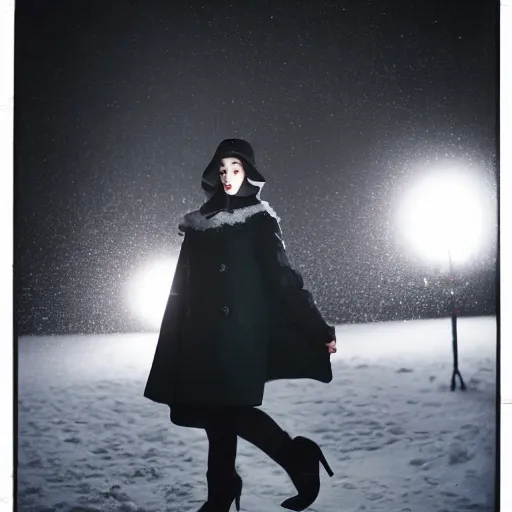 Image similar to medium format photograph of a surreal fashion shoot in the snow at night with camera flash