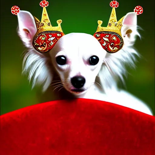 Image similar to long hair white chihuahua king wearing a red and gold crown cinematic composition, digital art, cute