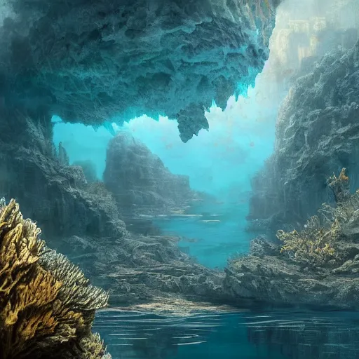 Prompt: a beautifully hyperdetailed matte painting of a wonder wall in an underwater landscape emitting Gold and Slate grey energy bubbles, teal sea, art by Albert Bierdstat, and Raphael Lacoste and Dave Noton, 4k, unreal engine, trending on artstation