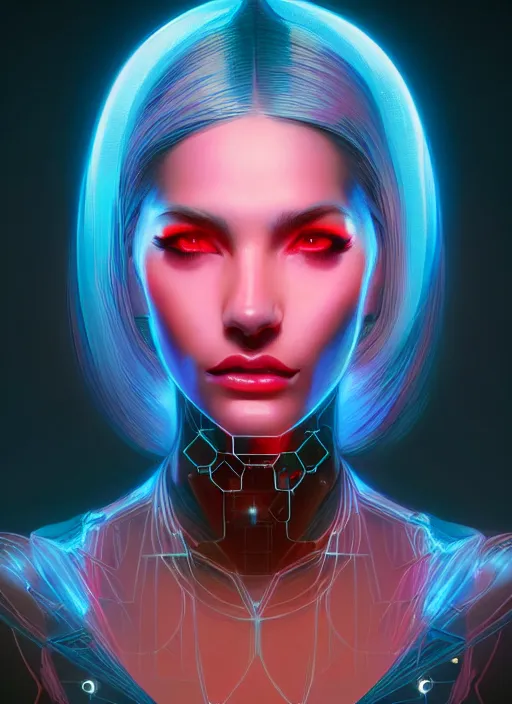 Prompt: portrait of female humanoid from 6 0 s era, intricate, elegant, cyber neon lights, highly detailed, digital painting, artstation, glamor pose, concept art, smooth, sharp focus, illustration, art by artgerm and greg rutkowski