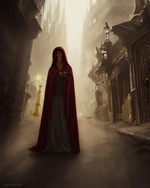 Image similar to cloaked woman, portrait, dirty alley, fantasy city, made of white stone and bright gold, built on the side of a volcano, gondor, misty, red gold color palette, medieval city, metropolis, gorgeous clouds, god rays, fantasy art, octane render, ureal engine, high detail, alphonse mucha, greg rutkowski, james gurney, johannes voss