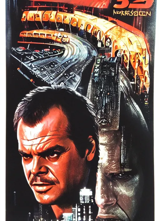 Image similar to 32 year old Jack Nicholson, instead of Harrison Ford, on the original movie poster of blade runner, 1982, movie poster, highly detailed, high quality,