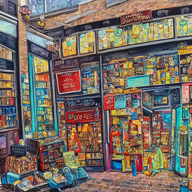 Prompt: modern coin shop. intricately detailed acrylic painting