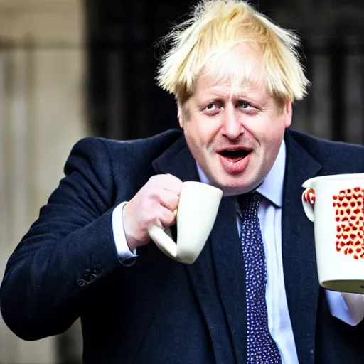 Prompt: Boris Johnson angrily thrusting a mug full of tea toward the viewer while shouting.